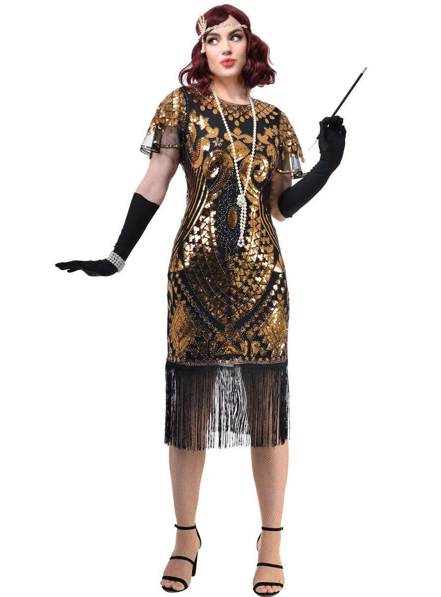 1920s Gold Plus Size Gatsby Costume Dress with Cap Sleeves