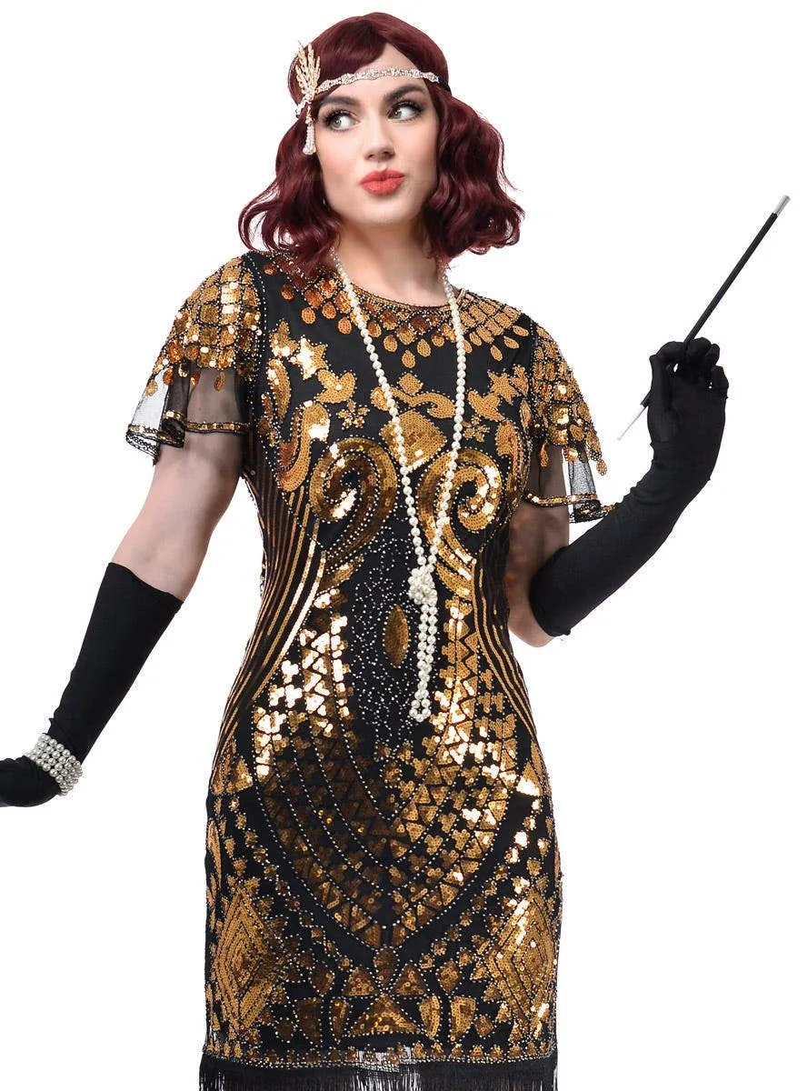 1920s Gold Plus Size Gatsby Costume Dress with Cap Sleeves