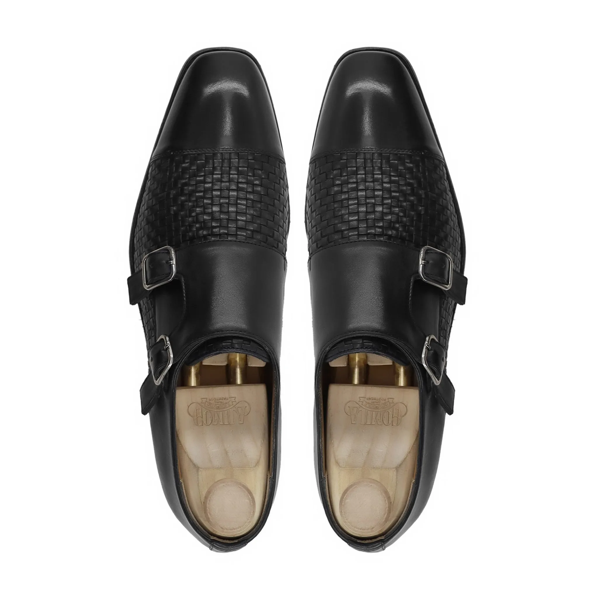 Alingsas - Men's Black Hand Woven Calf Leather Double Monkstrap