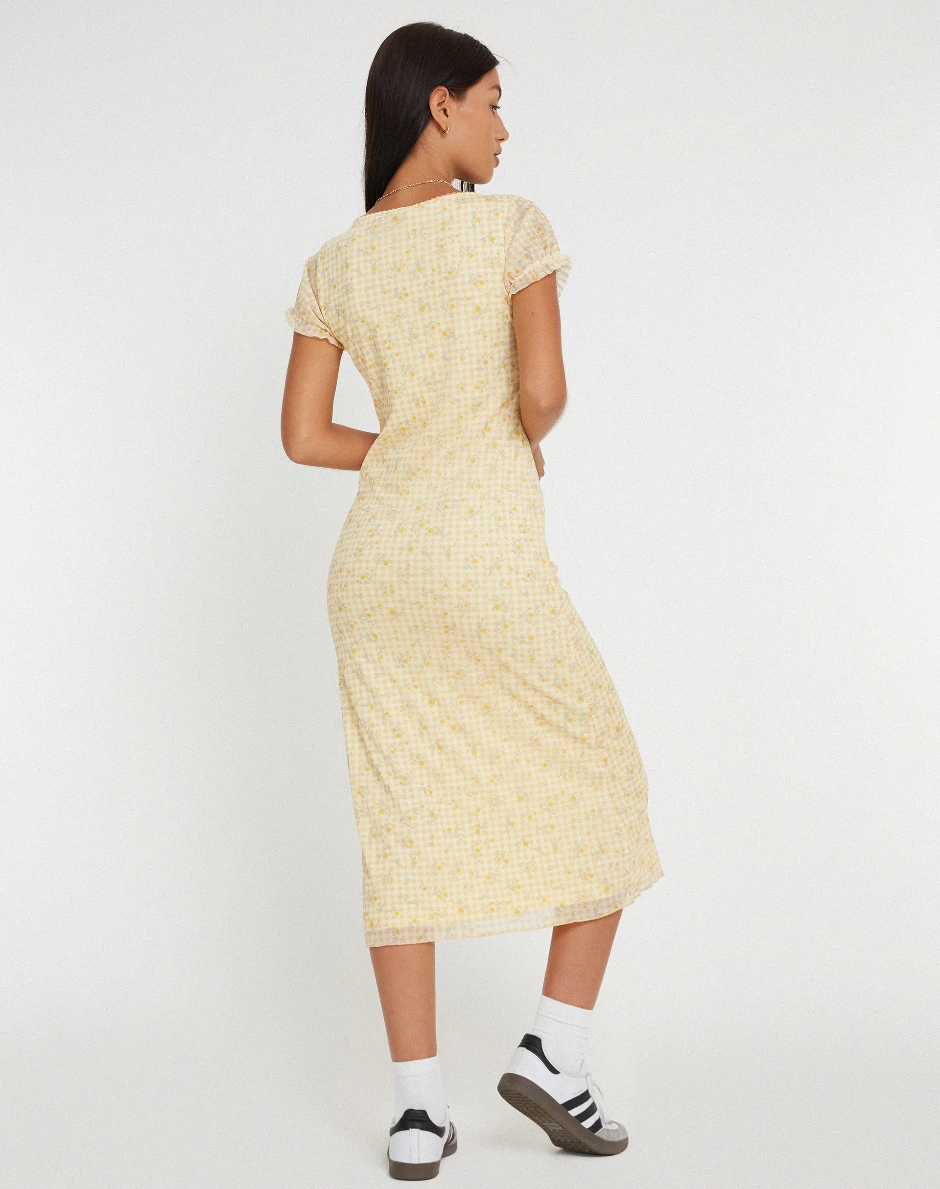 Aroha Midi Dress in Gingham Floral Yellow