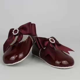 Baby Girl Burgundy Pram Shoes - Large Satin Bow with Diamante