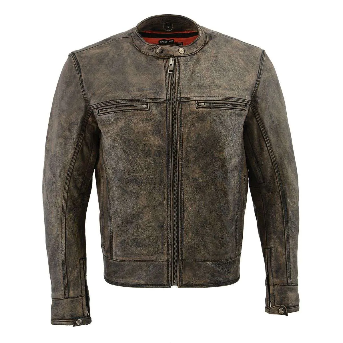 BEIGE MLM1550.09 Men's Vented Brown Distressed Leather Scooter Style Motorcycle Jacket w/ Liner