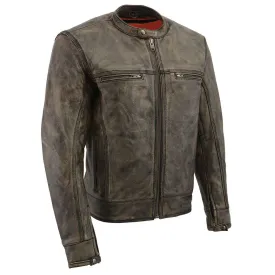 BEIGE MLM1550.09 Men's Vented Brown Distressed Leather Scooter Style Motorcycle Jacket w/ Liner