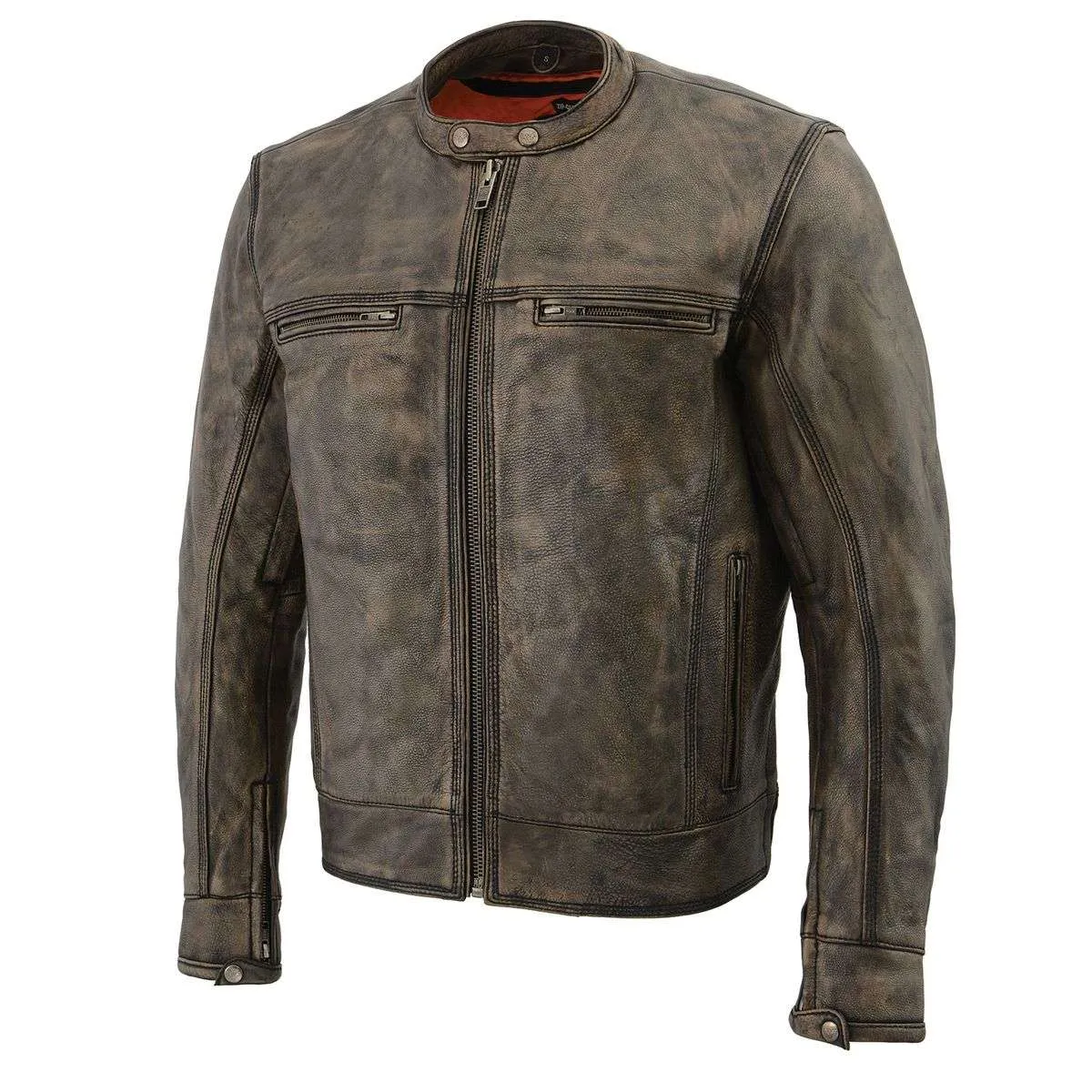 BEIGE MLM1550.09 Men's Vented Brown Distressed Leather Scooter Style Motorcycle Jacket w/ Liner