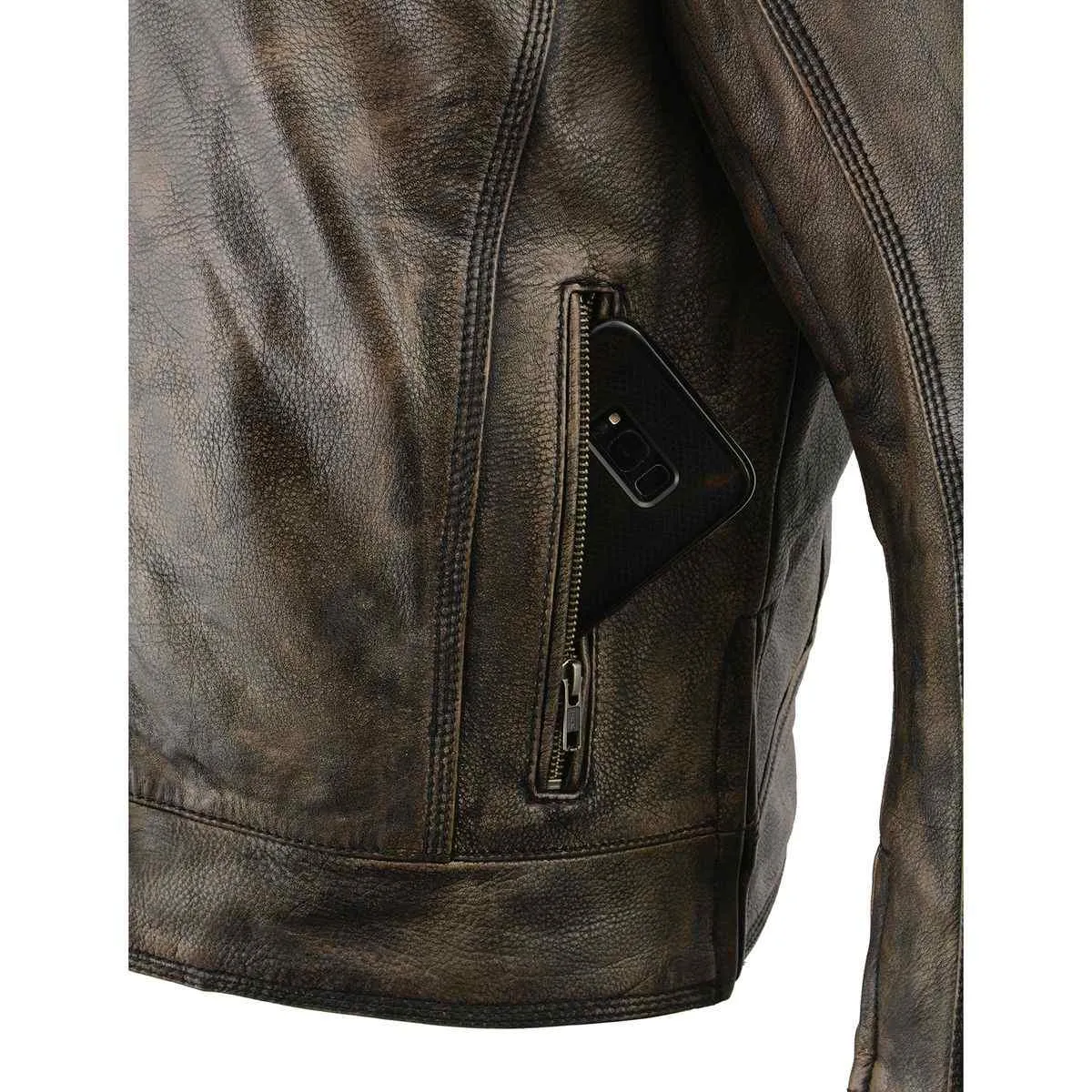 BEIGE MLM1550.09 Men's Vented Brown Distressed Leather Scooter Style Motorcycle Jacket w/ Liner