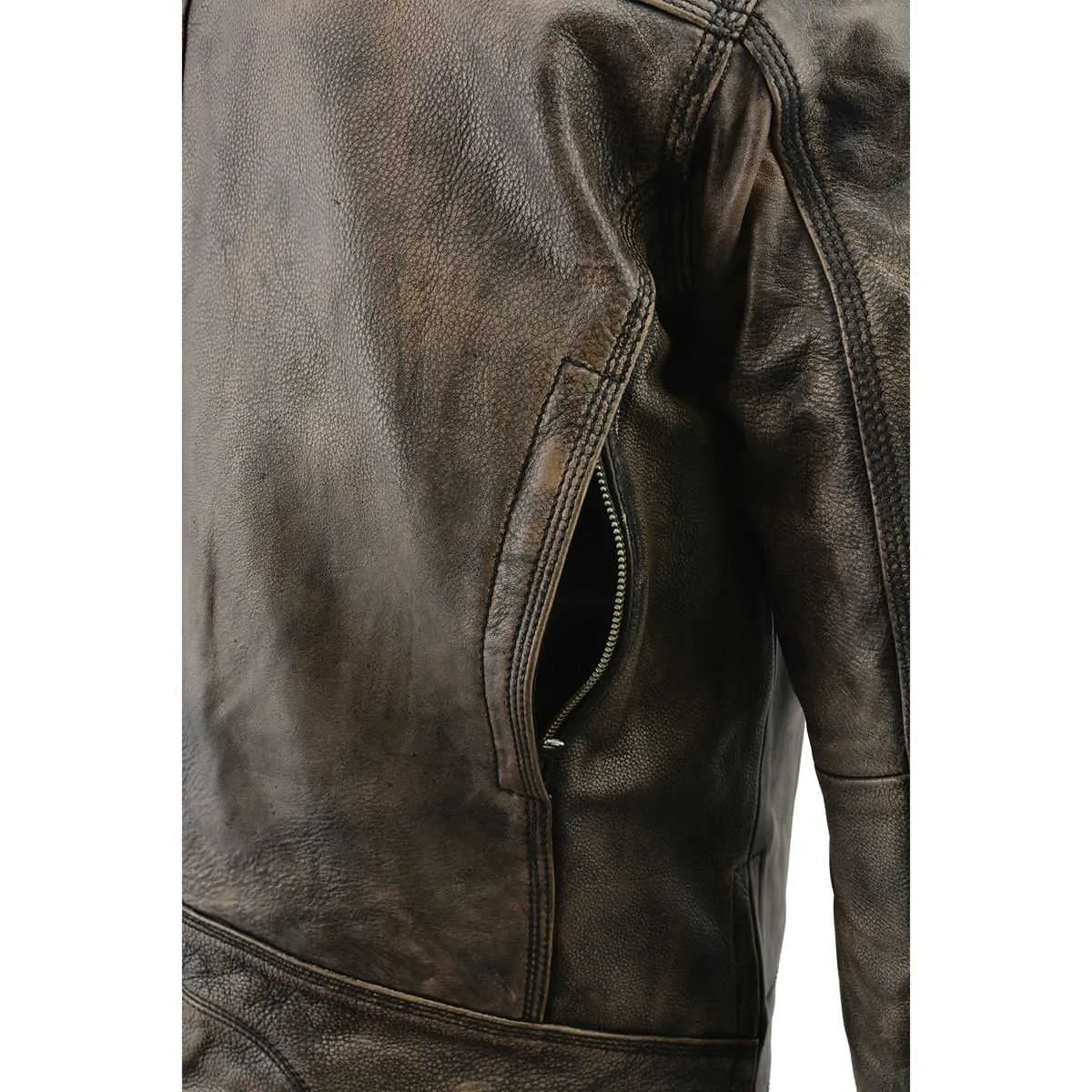 BEIGE MLM1550.09 Men's Vented Brown Distressed Leather Scooter Style Motorcycle Jacket w/ Liner