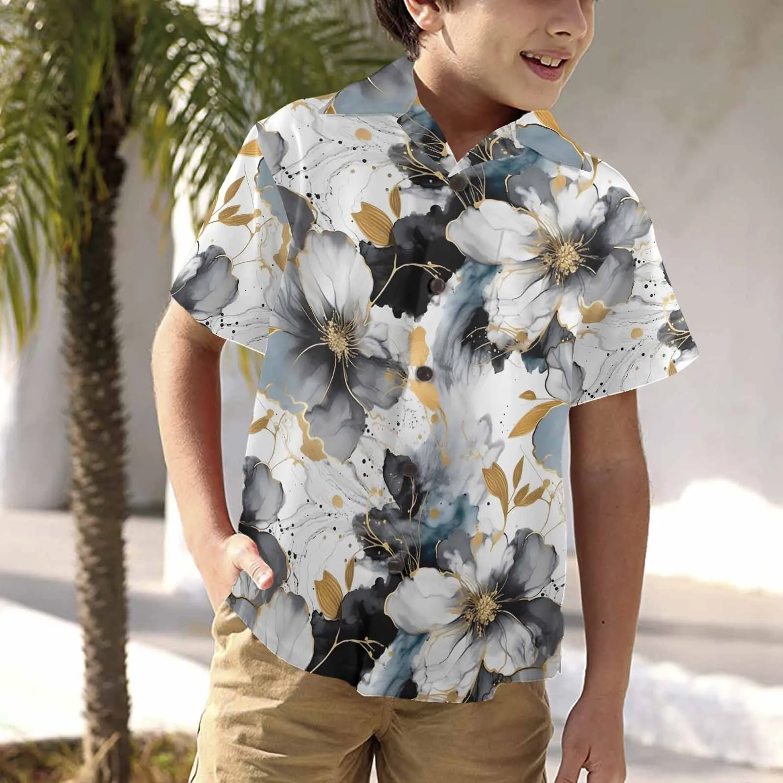 Black White and Gold  Little Boys Hawaiian Shirt