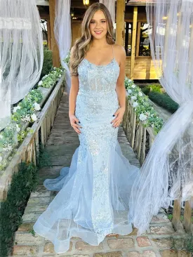 Charming Spaghetti Straps Mermaid Tulle Sky Blue Long Evening Prom Dress Online, OL039