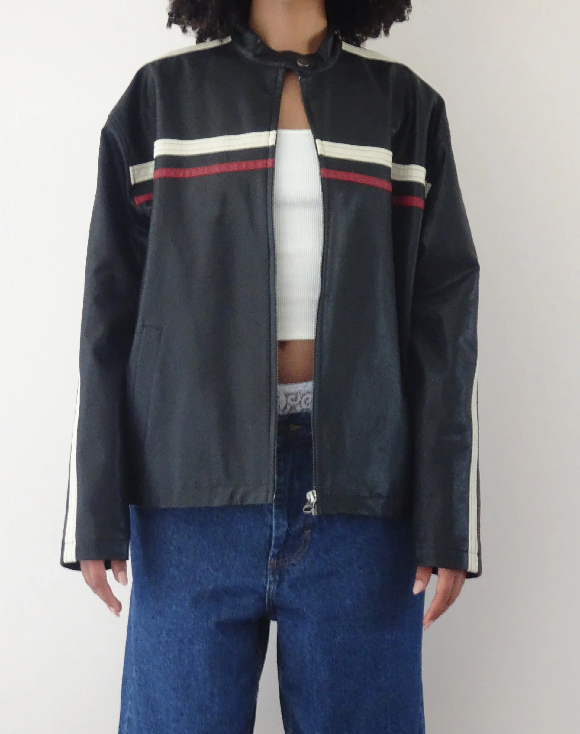 Colton Jacket in PU Black with Ivory and Red Stripe