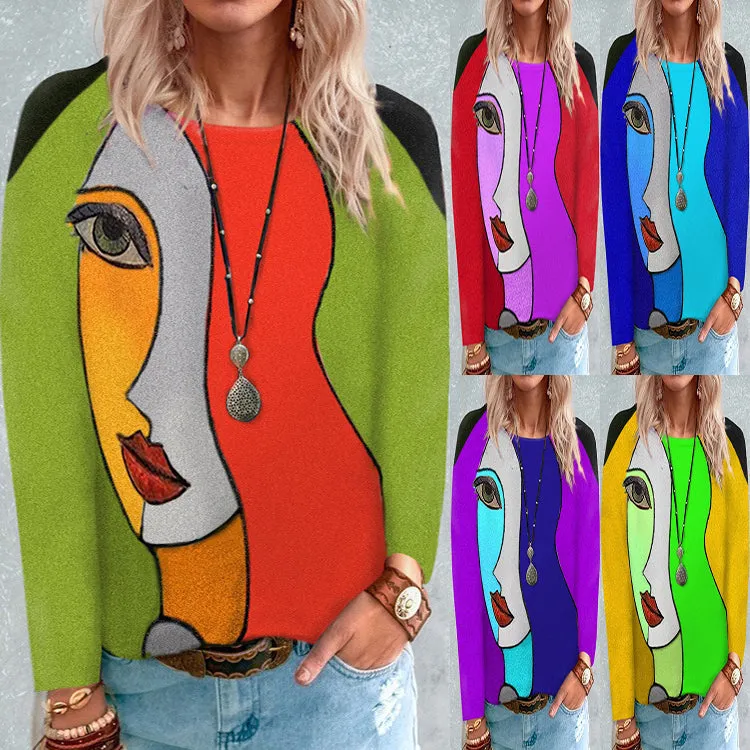 Fashion loose round neck face print long-sleeved T-shirt