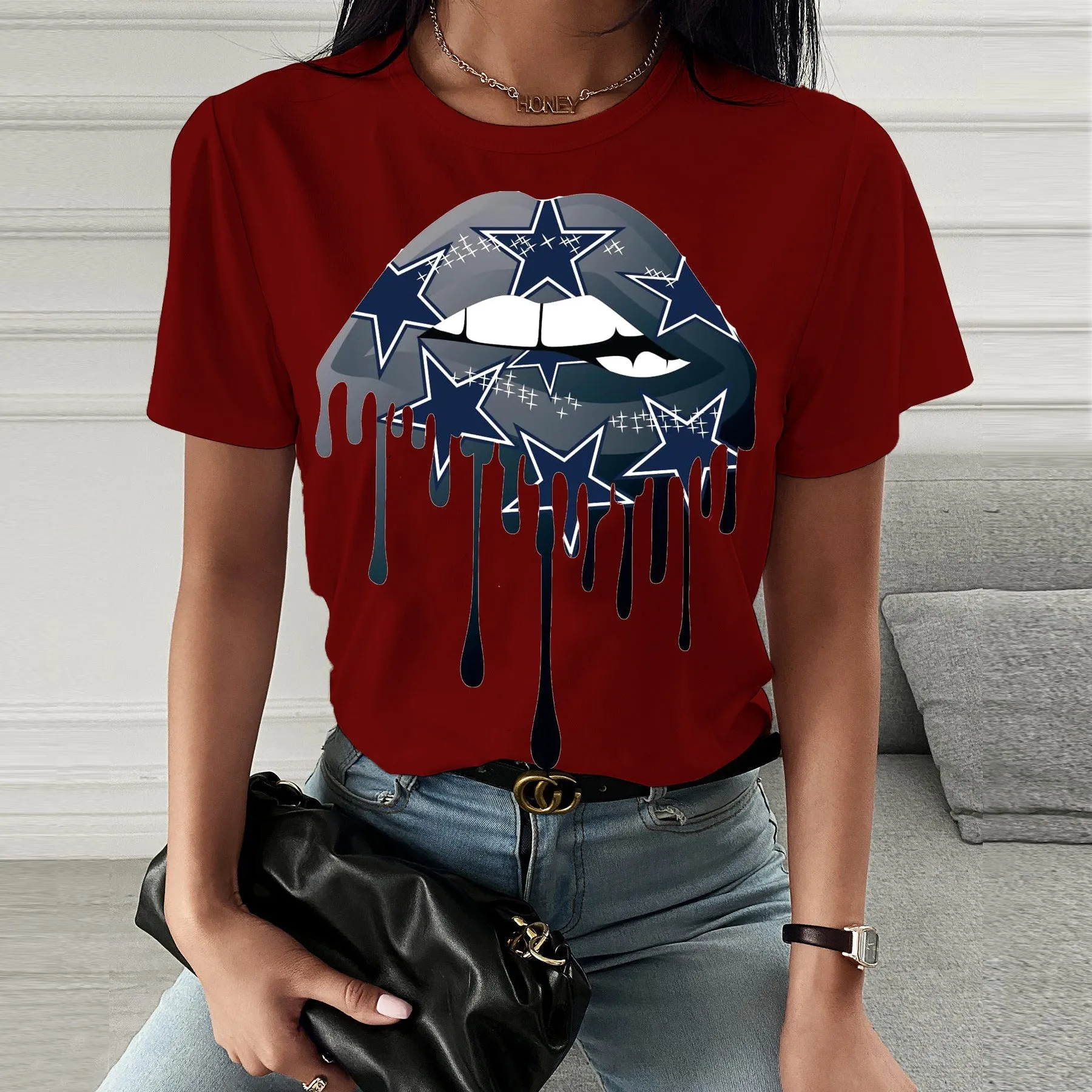 Fashion  spring and summer lip printing short-sleeved T-shirt