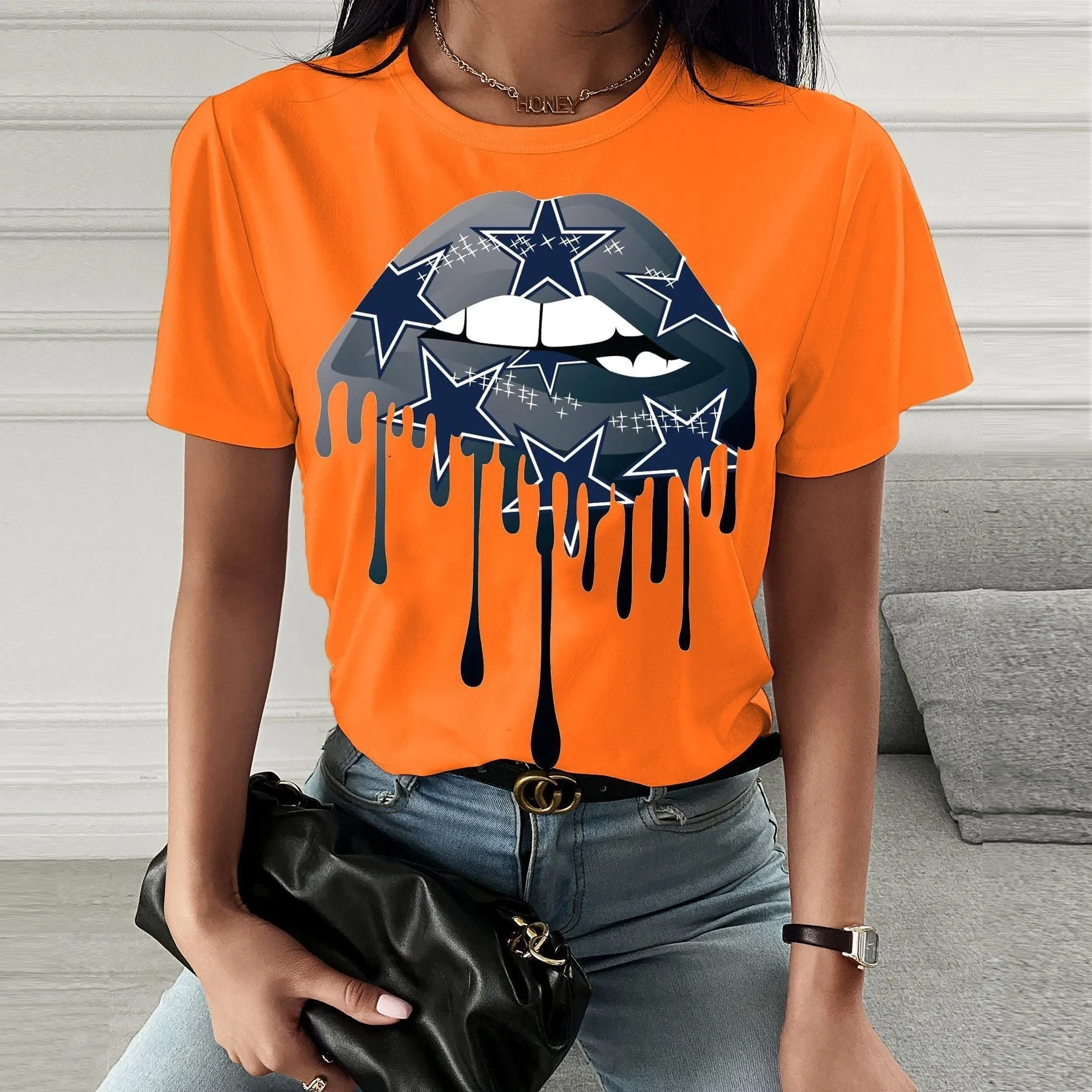 Fashion  spring and summer lip printing short-sleeved T-shirt