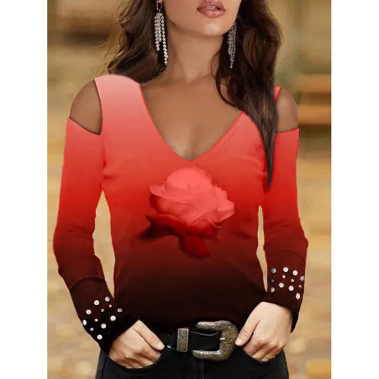 Fashion V-neck sexy off-shoulder gradient flower long-sleeved T-shirt