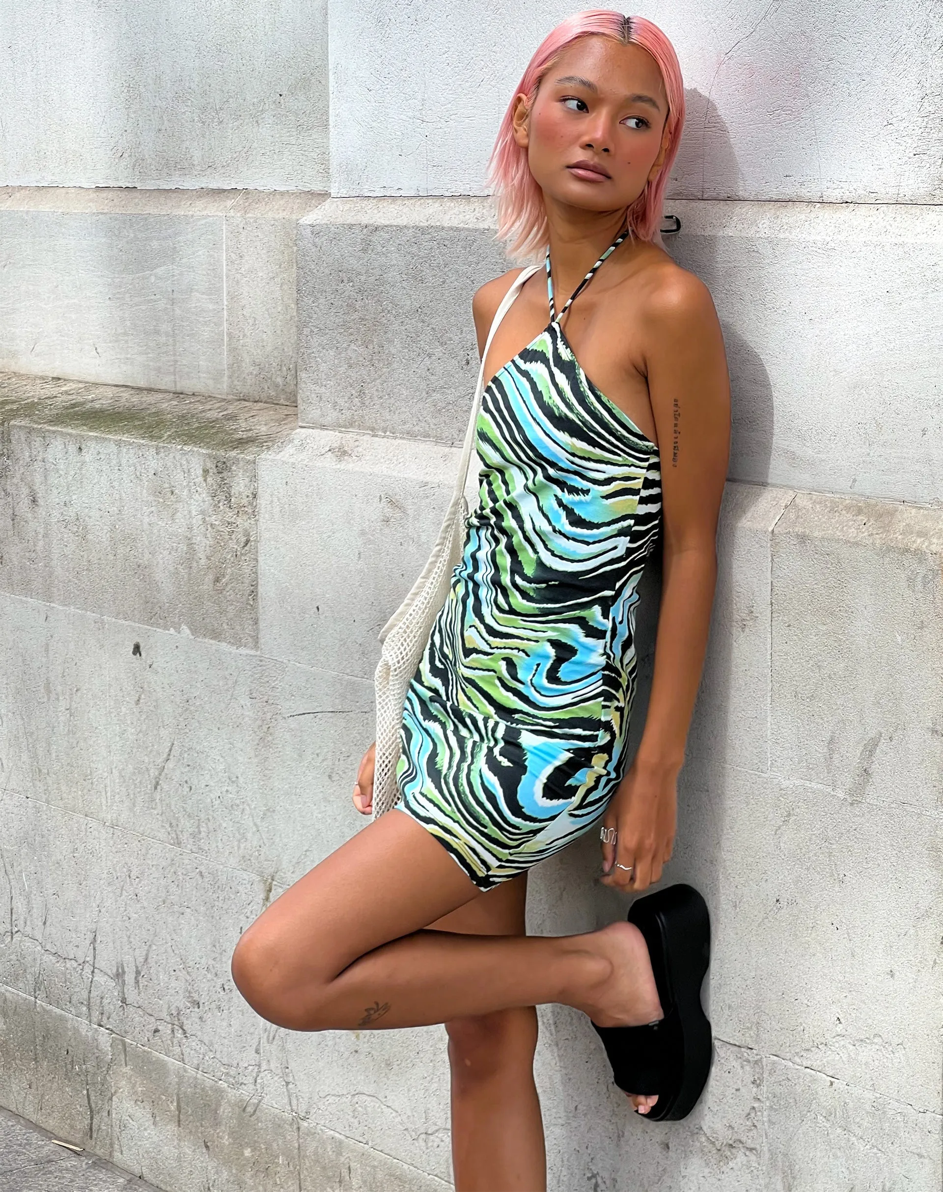 Giori Mini Dress in Warped Zebra Blue