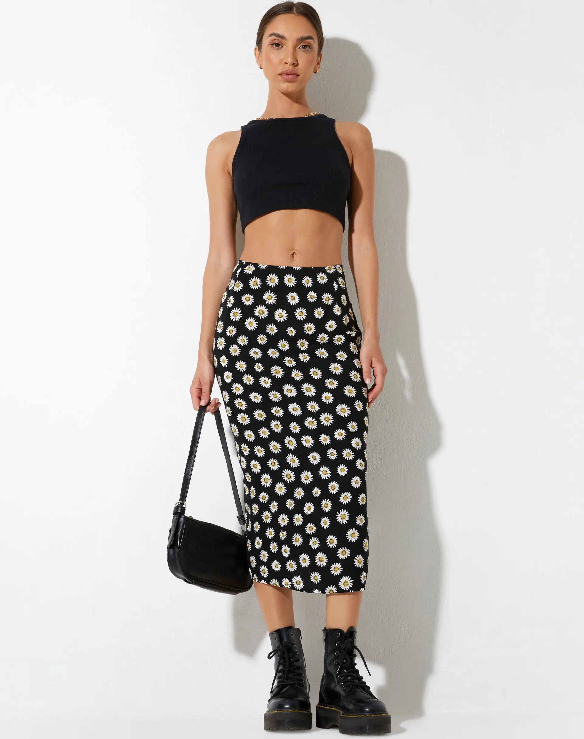 Harriet Midi Skirt in Grunge Daisy Black