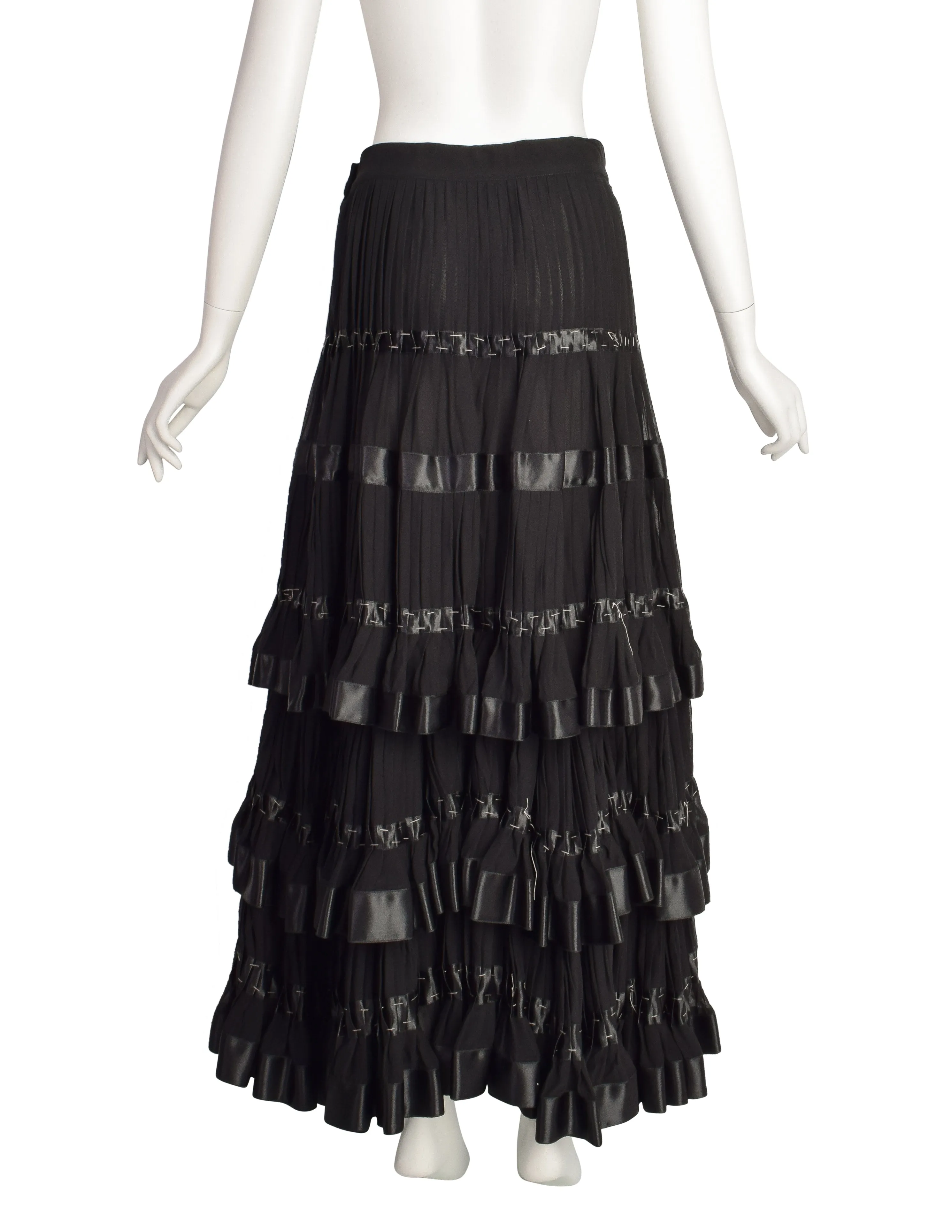 Kenzo Vintage 1980s Black Pleated Silk Chiffon Tiered Dramatic Full Length Skirt