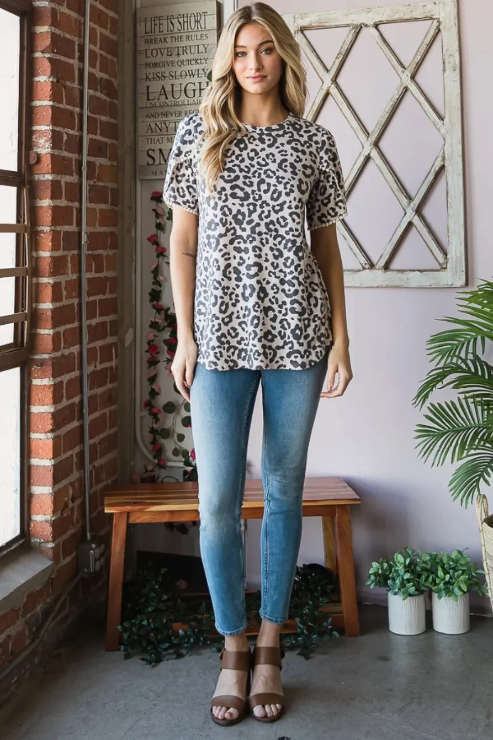 Leopard Round Neck Petal Sleeve T-Shirt