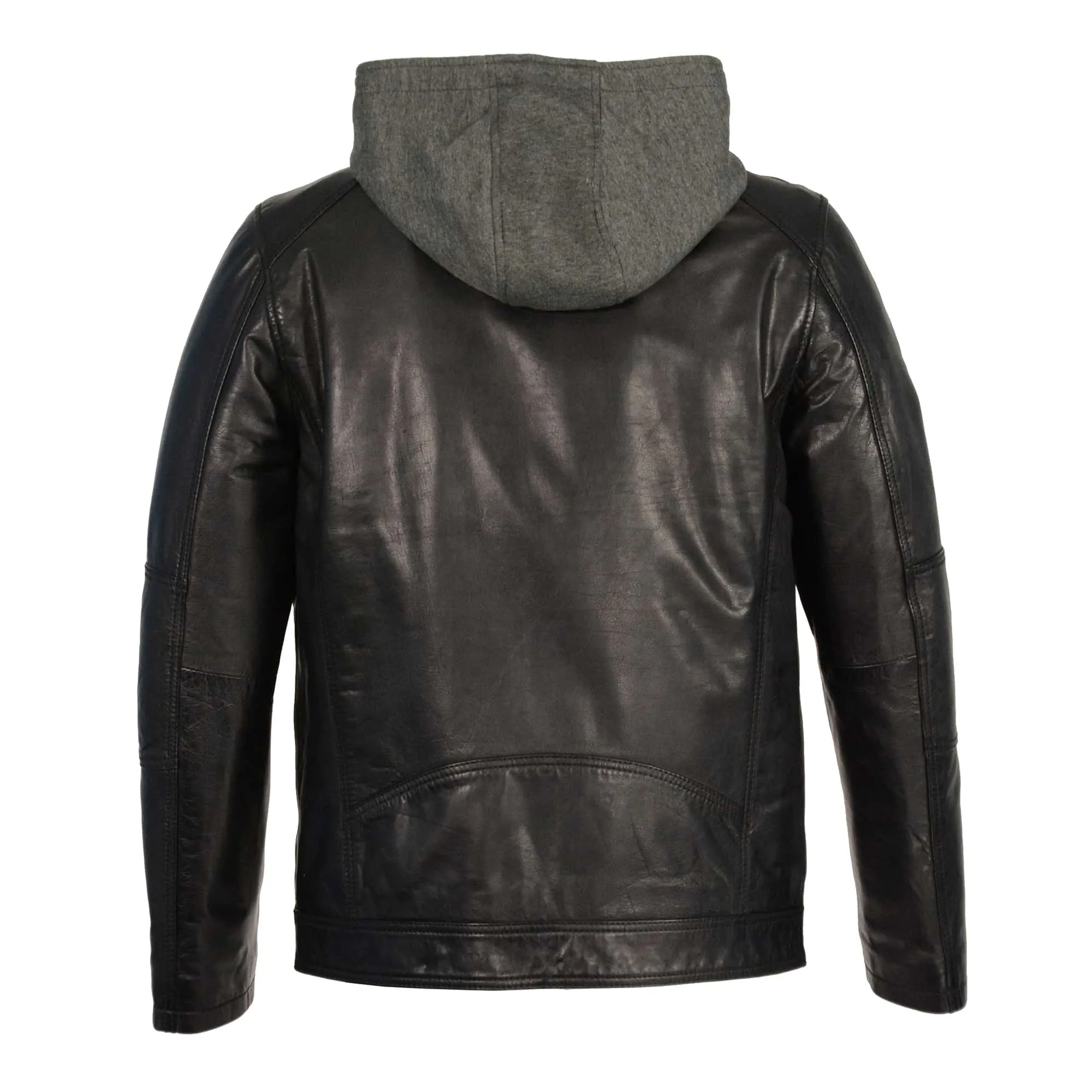 Men’s Snap Collar Leather Moto Jacket w/ Removable Hood 2 Colors