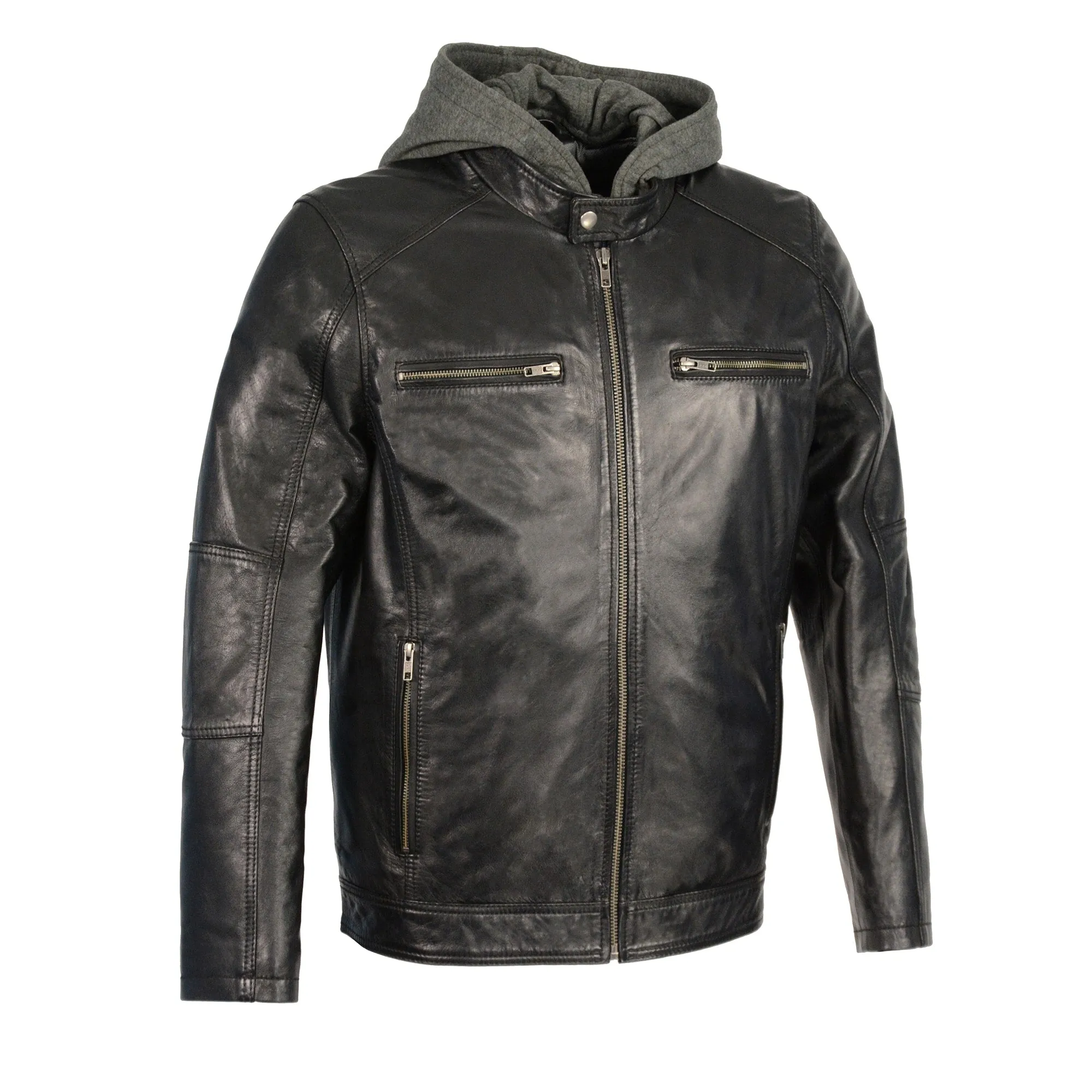 Men’s Snap Collar Leather Moto Jacket w/ Removable Hood 2 Colors