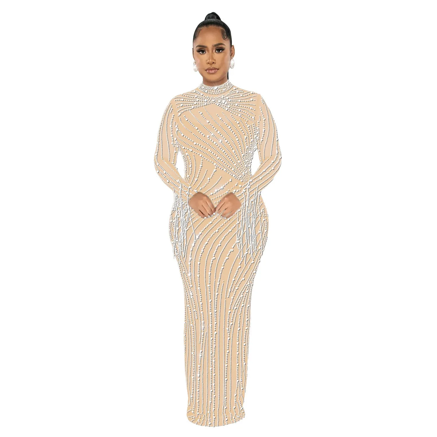 Mesh See Through Drilling Long Sleeve Lining Two Piece Set