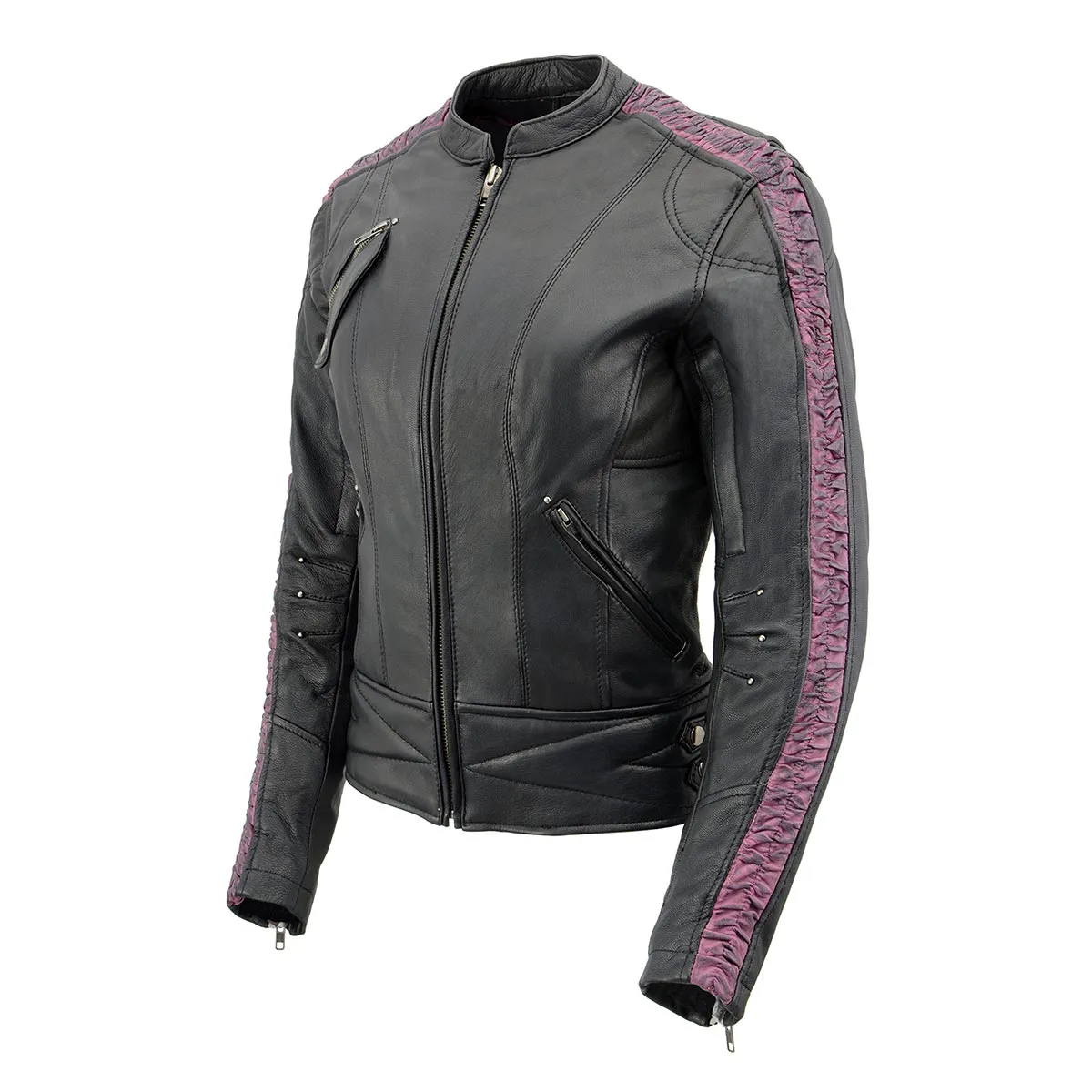 Milwaukee Leather MLL2571 Ladies Black and Purple 'Crinkled Arm' Lightweight Racer Jacket