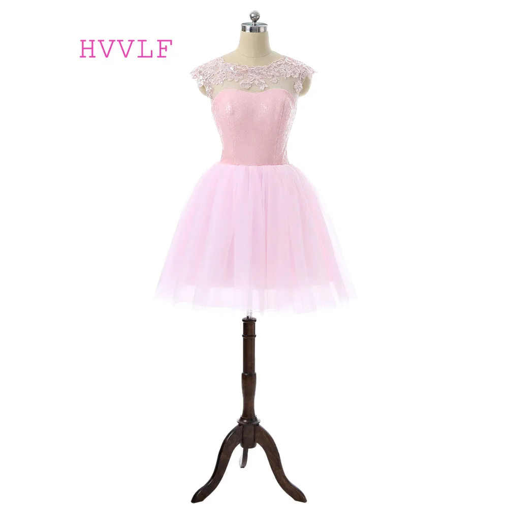 Pink 2017 Homecoming Dresses A-line Scoop Cap Sleeves Tulle Lace Sequins Short Mini Elegant Cocktail Dresses