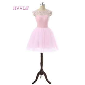 Pink 2017 Homecoming Dresses A-line Scoop Cap Sleeves Tulle Lace Sequins Short Mini Elegant Cocktail Dresses