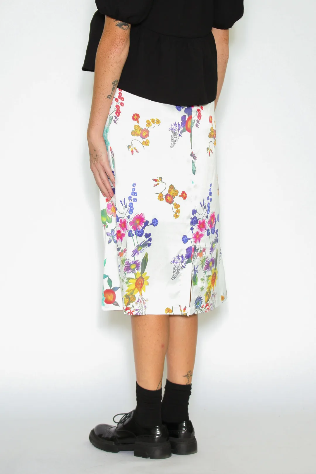 Silk Printed White Floral Midi Skirt