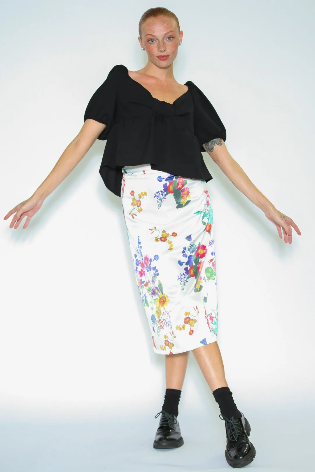 Silk Printed White Floral Midi Skirt