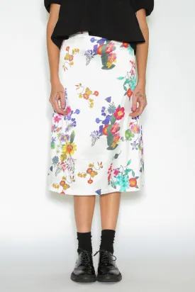 Silk Printed White Floral Midi Skirt