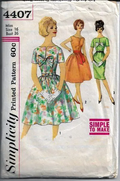 Simplicity 4407 Vintage Sewing Pattern 1960s Ladies Full Skirt Dress