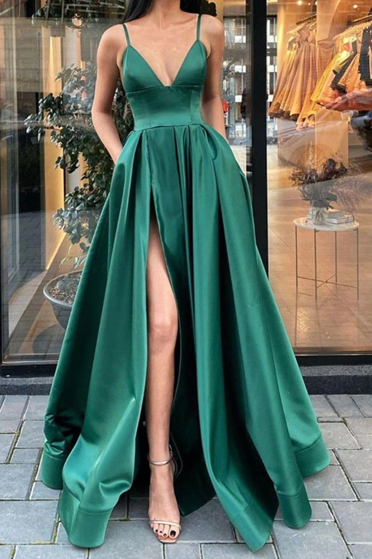 solvbao Green Satin Long Prom Dresses, Simple A-Line Evening Dresses