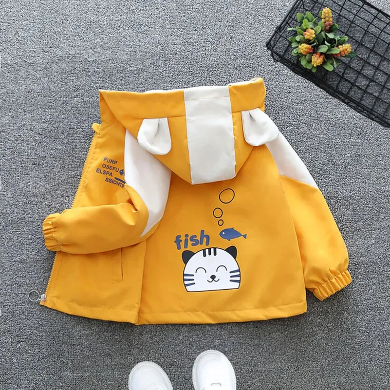 Spring and Autumn 2024 Girls and Children's Leisure Cat Fishing Long sleeved Hooded Coat Zipper Shirt Children's Clothing