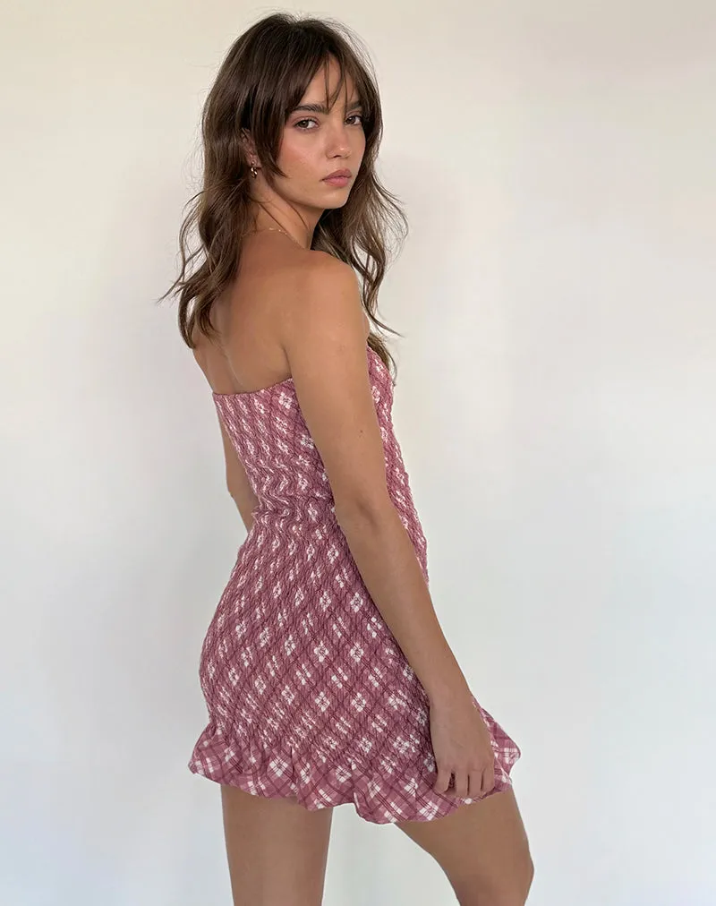 Takiyo Bandeau Mini Dress in Pink Tartan