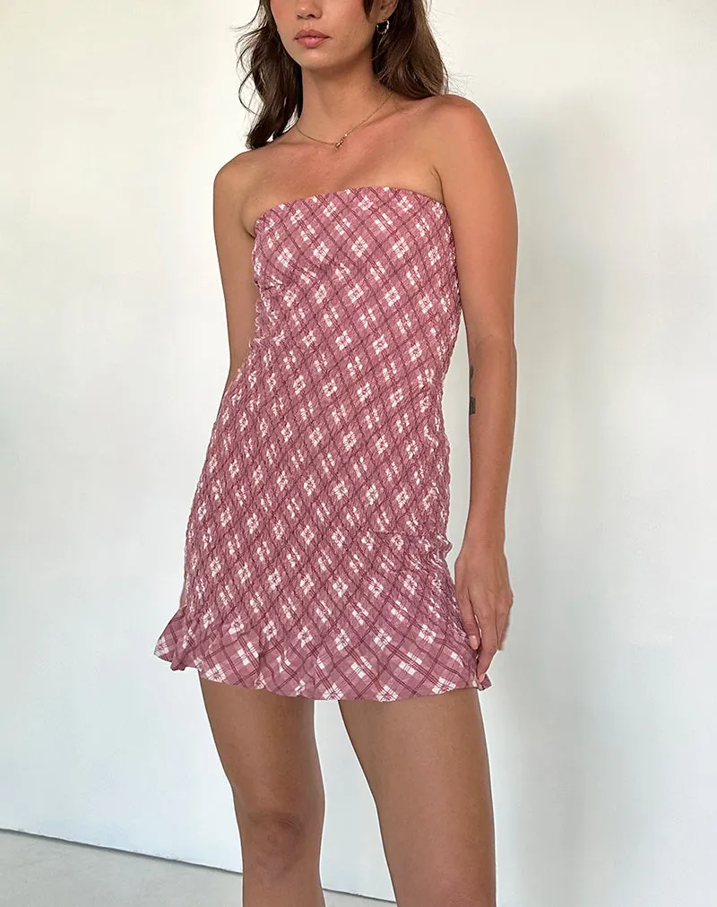 Takiyo Bandeau Mini Dress in Pink Tartan