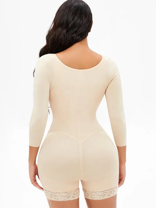 TEEK - Full Size Zip Up Lace Detail Long Sleeve Shapewear