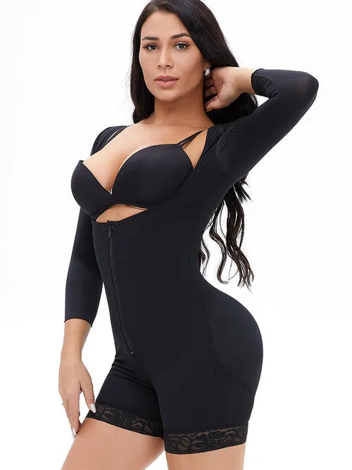 TEEK - Full Size Zip Up Lace Detail Long Sleeve Shapewear