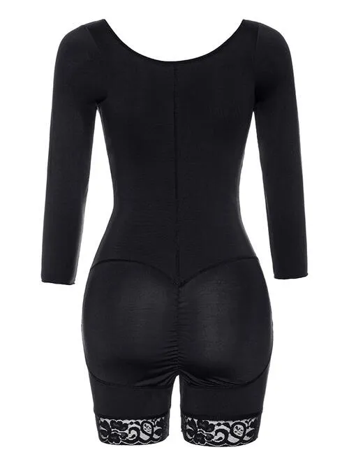 TEEK - Full Size Zip Up Lace Detail Long Sleeve Shapewear