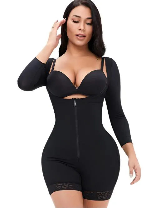 TEEK - Full Size Zip Up Lace Detail Long Sleeve Shapewear