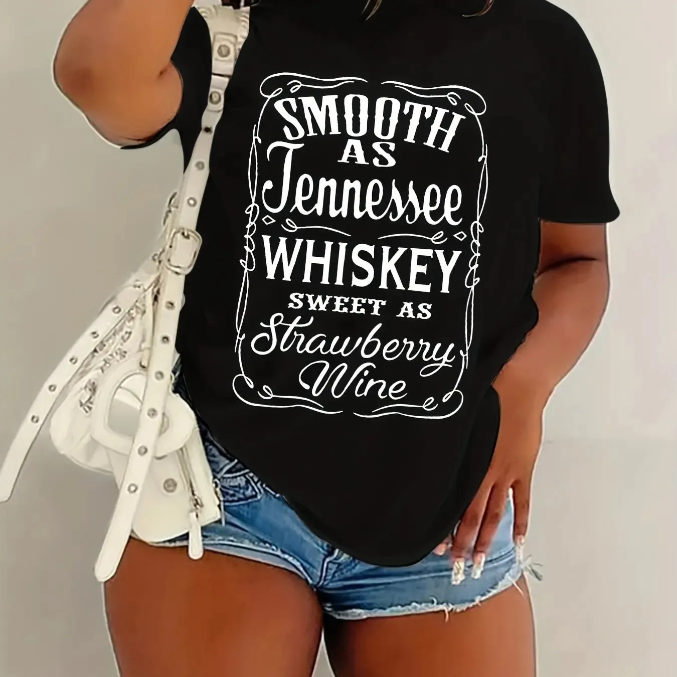 Whiskey Letter Print Short Sleeve Crew Neck Women's Casual Tee T-shirt for Spring & Summer