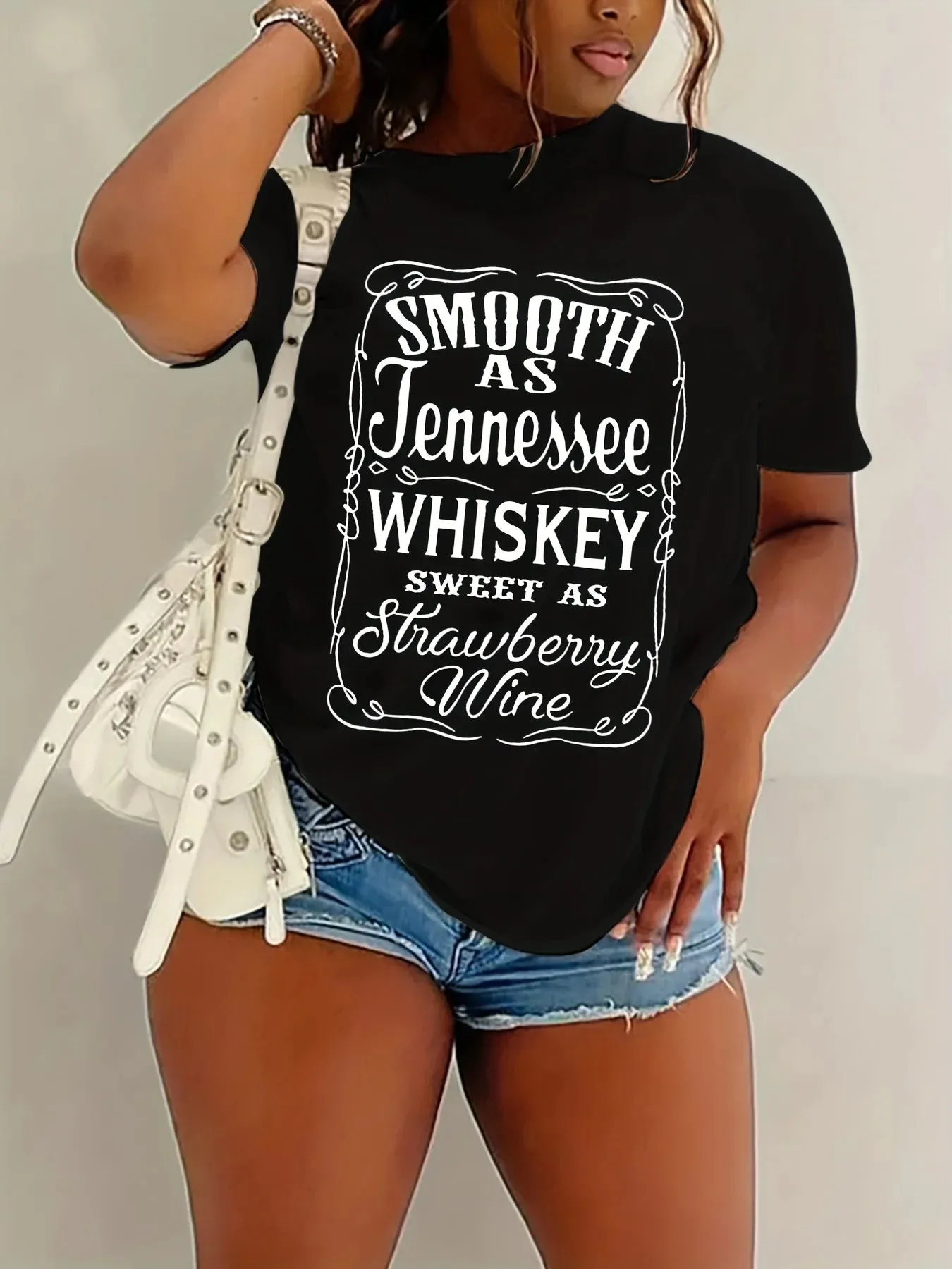 Whiskey Letter Print Short Sleeve Crew Neck Women's Casual Tee T-shirt for Spring & Summer